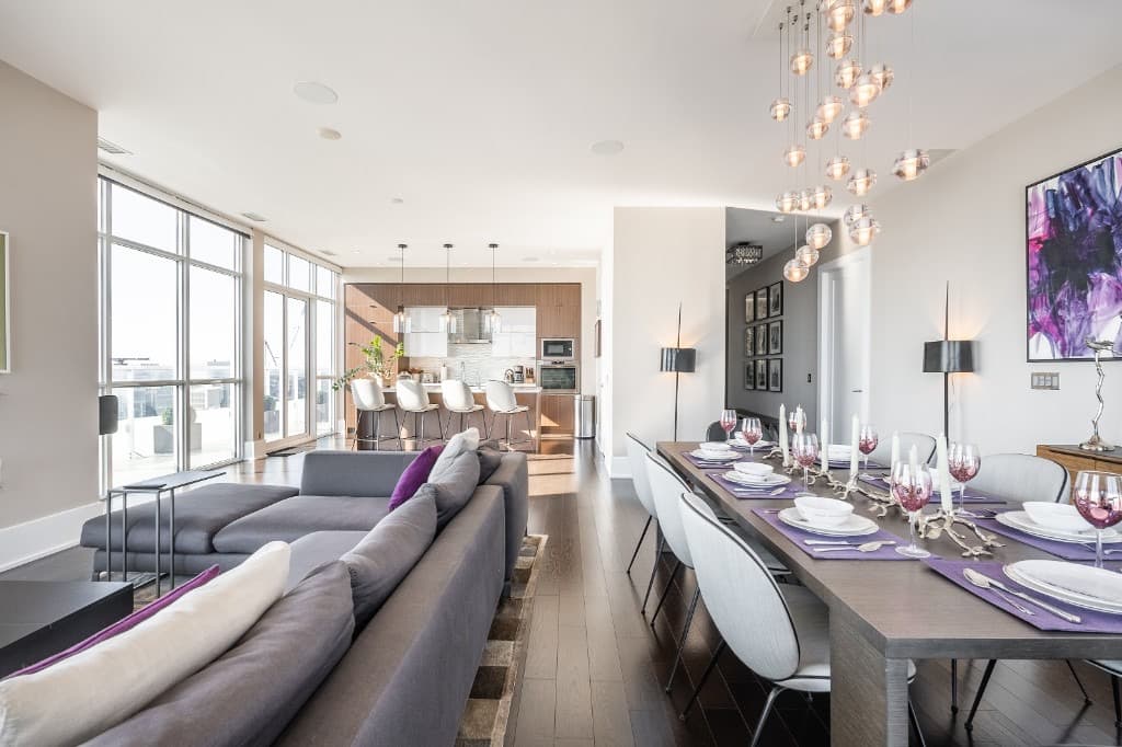 Open-concept living and dining in an HSG-managed executive rental at 225 Lisgar Street, Toronto