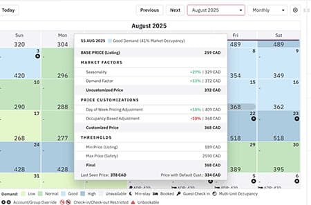 Monthly pricing calendar for a Toronto short-term rental showing nightly rates and demand-based color coding
